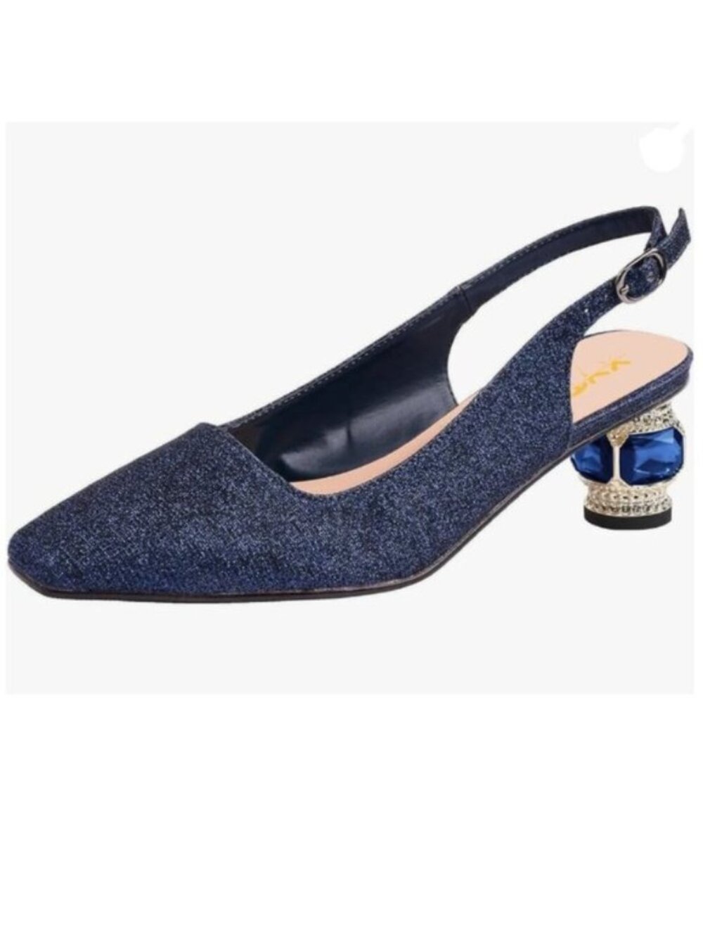 XYD Navy Square Toe Crystal Block Low Heels Pumps Slip On Buckle Strap Shoes